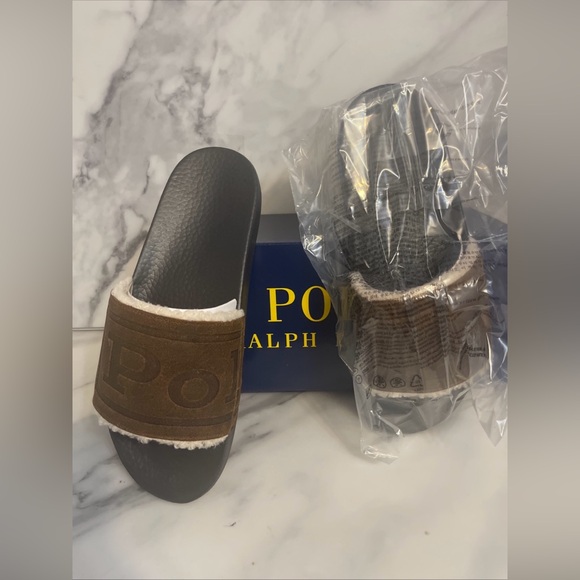 Polo Ralph Lauren Shearling Slide Sandals 11D Brown Suede Logo Slip-On NIB main image 10